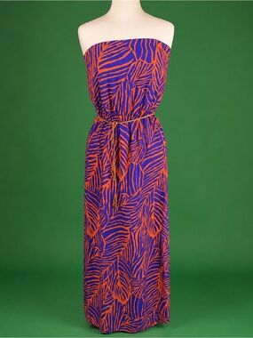 glam Strapless Maxi Dress in Purple and Orange Leaf Print